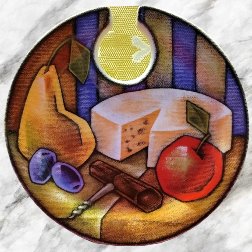 Vtg Plate Snack, Cheese, Olives, Apple, Pear, Cork Screw Heavy Ceramic Like New!